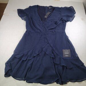 Lulus Navy Sweet Like You Navy Ruffled Wrap Mini Dress Size L